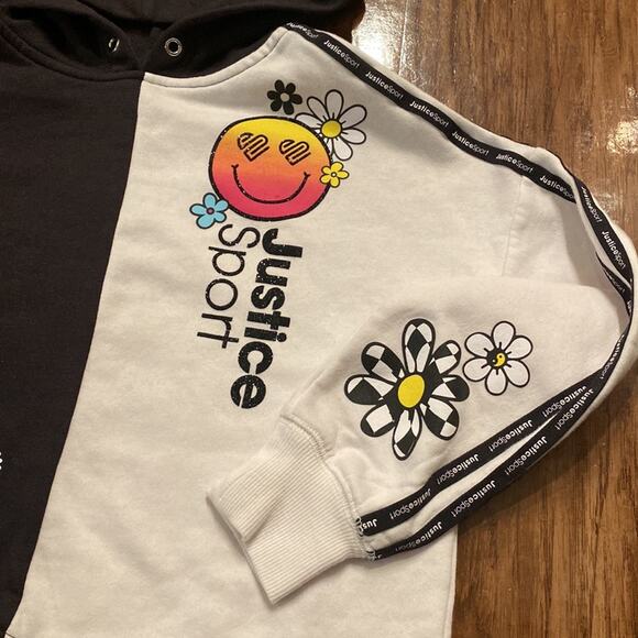 Justice Sport Girls Sweatshirt Colorblock Black daisy smile active - Picture 2 of 8